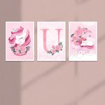تابلو اتاق کودک فانتزی سه تکه طرح اسب تک شاخ با حرف U با رنگ صورتی