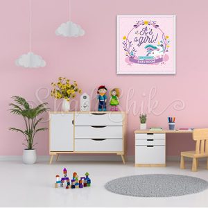 تابلو اتاق کودک فانتزی طرح فرزند ما دختر با رنگ صورتی