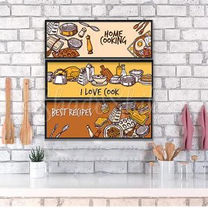 تابلو آشپزخانه فانتزی سه تکه طرح رترو I Love COOK دیواری