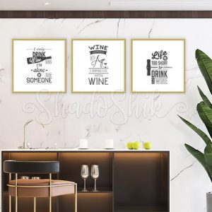 تابلو آشپزخانه خطاطی سه تکه طرح Drink wine سیاه و سفید