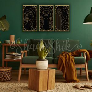 تابلو دفتر کار فانتزی سه تکه طرح لاین آرت زن مشرقی مشکی طلایی
