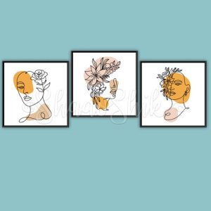 تابلو پذیرایی فانتزی مینیمال سه تکه طرح لاین آرت تاج گل دیواری