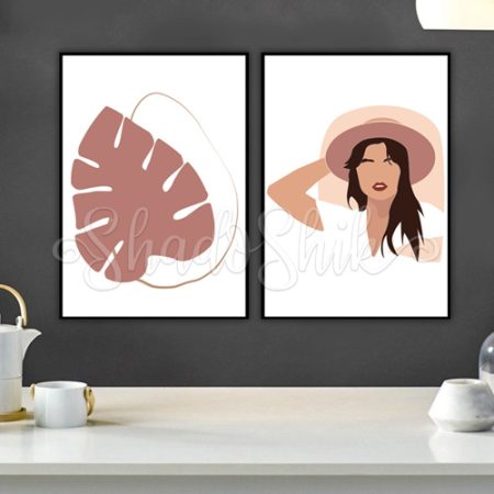 خرید تابلو پذیرایی فانتزی مینیمال دو تکه طرح برگ صورتی بوهیمن با قاب های متنوع