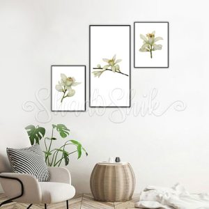 تابلو پذیرایی فانتزی سه تکه طرح گل سفید دیواری