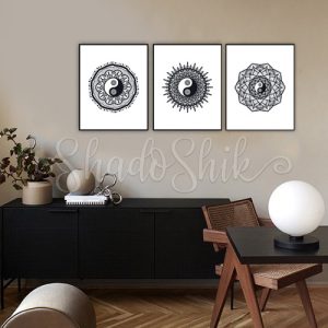 تابلو دفتر کار مدرن سه تکه طرح YinYangMandala سیاه و سفید