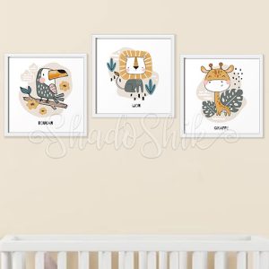 تابلو اتاق کودک فانتزی سه تکه حیوانات جنگل دیواری